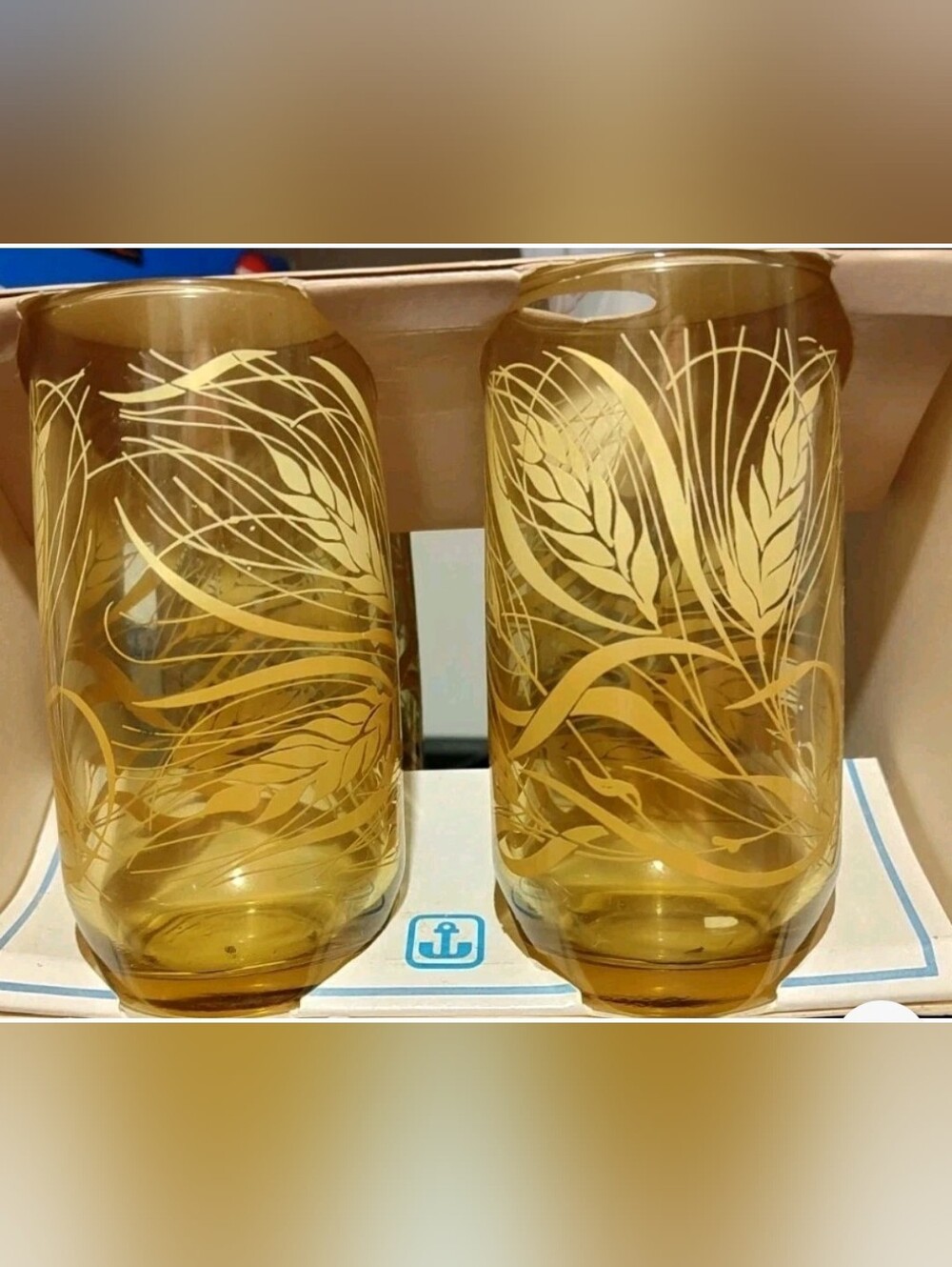 1970s Anchor Hocking Amber Wheat Drinkware W/ Gold Wheat Motif  In Original Box!